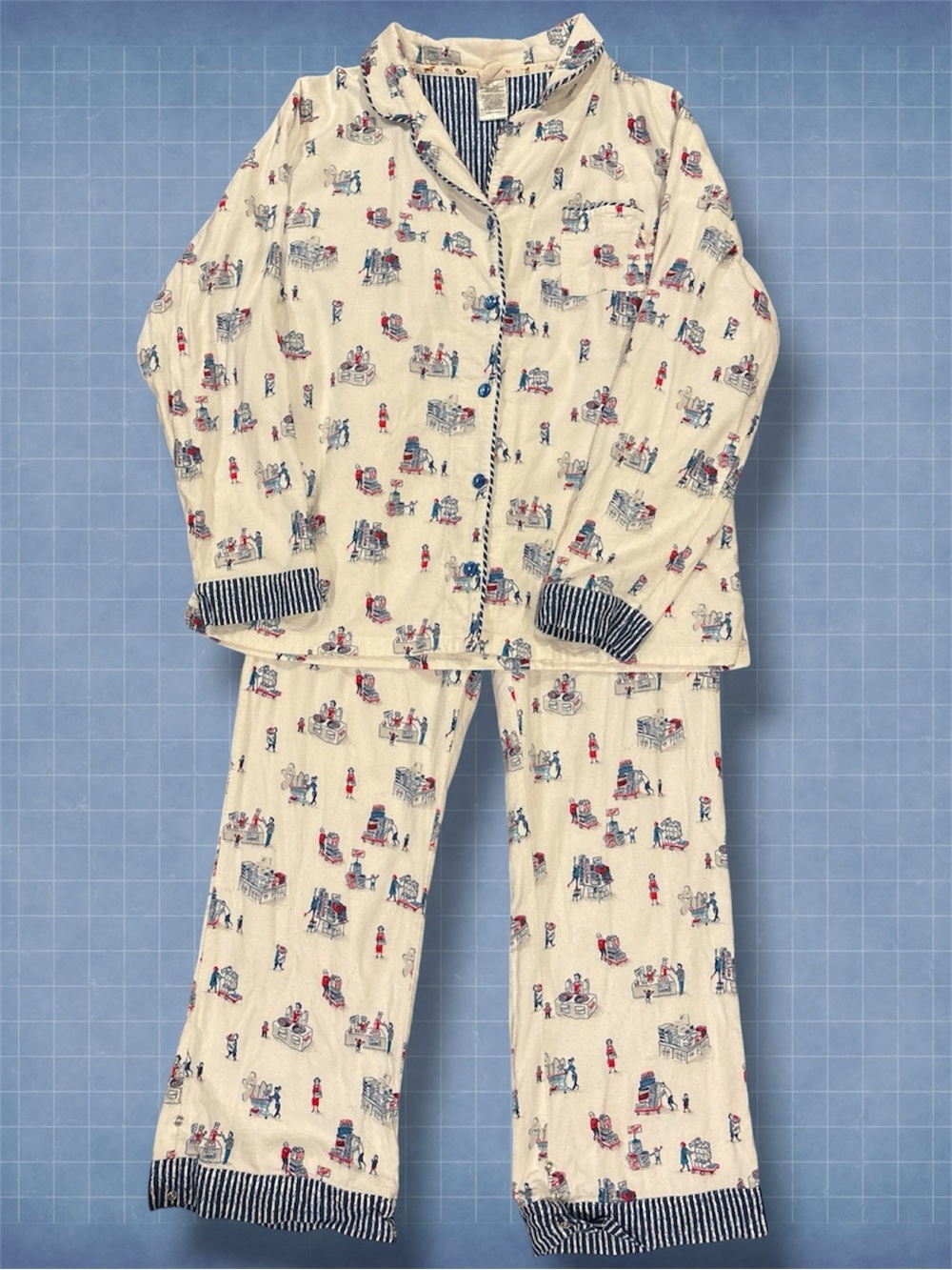 Munki Munki Bamboo Cotton Pajama Set XL Cream Shopping Market Print Button Up